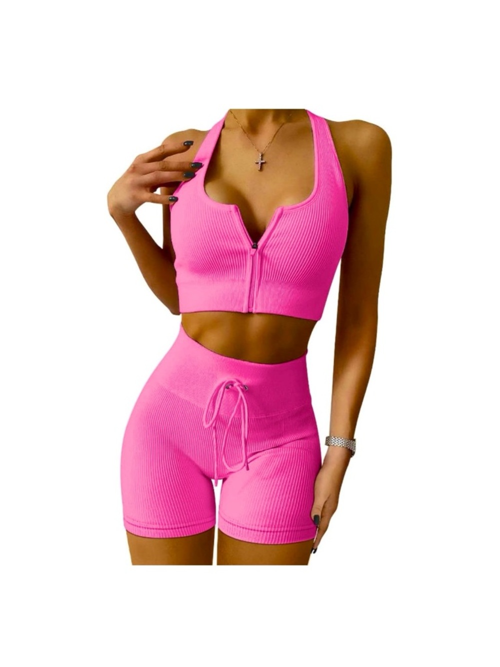 Women's Athletic Shorts and Crop Sports Bra Workout Set - Hot Pink